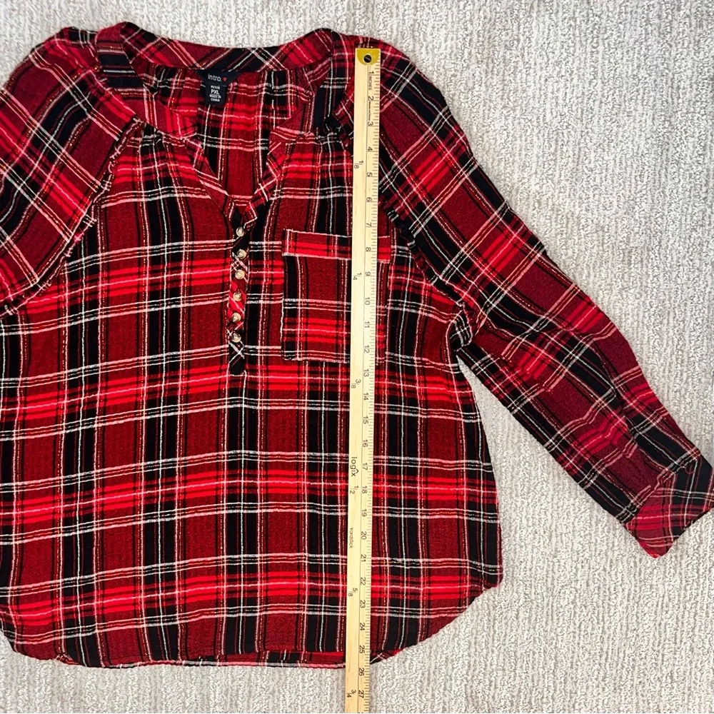 INTRO‎ Pucker Plaid Point Collar Long Sleeve Button Front Swing Women’s Blouse
